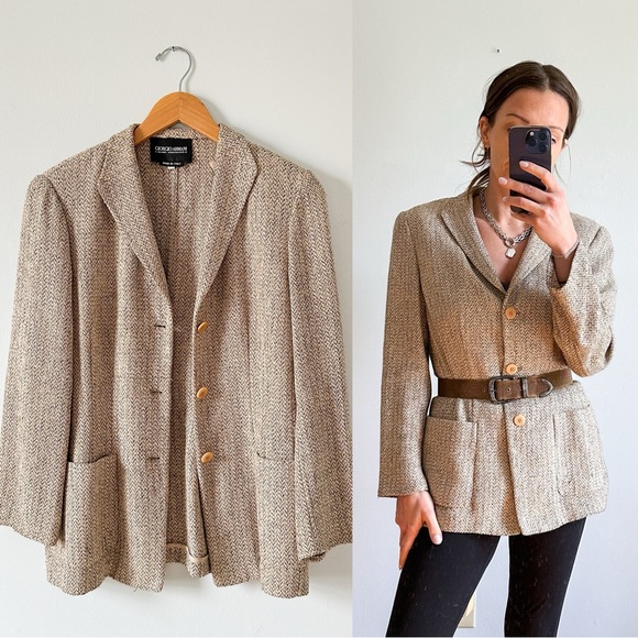 Giorgio Armani Jackets & Blazers - Vintage Giorgio Armani Brown Cream Black Silk Woven Blazer Jacket IT 44 size 8